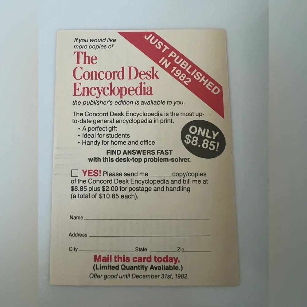Vintage The Concord Desk Encyclopedia Set of 3 with 1982 postcard
